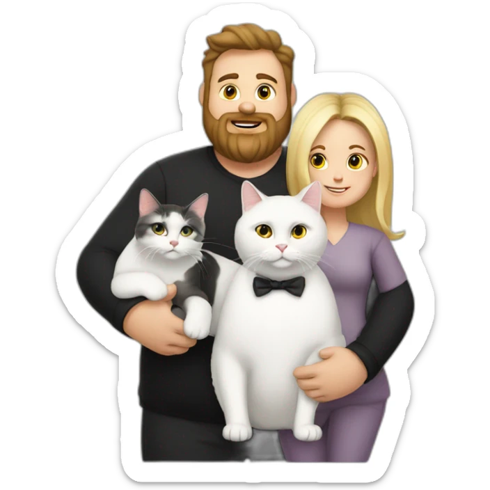 Family photo a fat husband with a beard is holding a white cat and wife with straight hair is holding another black cat sticker