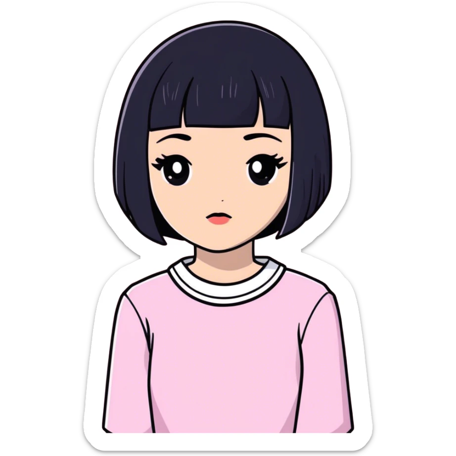 Girl with black bob hair black eyes and pink aesthetic  sticker