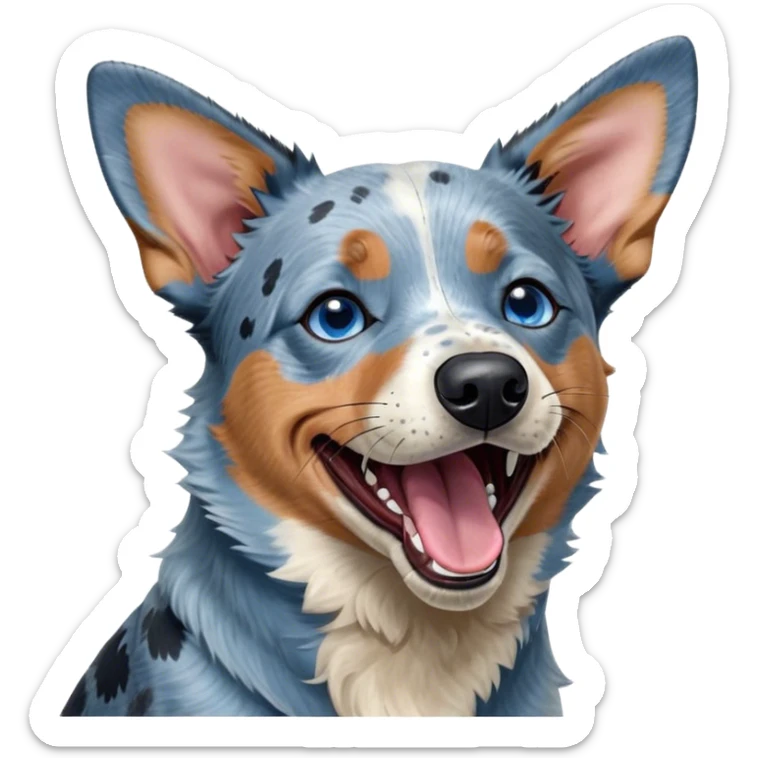 Cinematic Cute Yawning Blue Speckle Australian Cattle Dog Portrait Emoji, Head tilted slightly with a dramatic, wide-open yawn, showcasing a sleek blue speckle Fur with distinct markings, floppy ears slightly drooping, round blue eyes barely open in drowsy contentment, Simplified yet irresistibly adorable features, highly detailed, glowing with a soft, cozy glow, high shine, relaxed yet expressive, stylized with a touch of whimsy, bright and endearing, soft glowing outline, capturing the essence of a sleepy yet affectionate herder, so drowsy it feels like it could stretch out of the screen and curl up for a nap! sticker