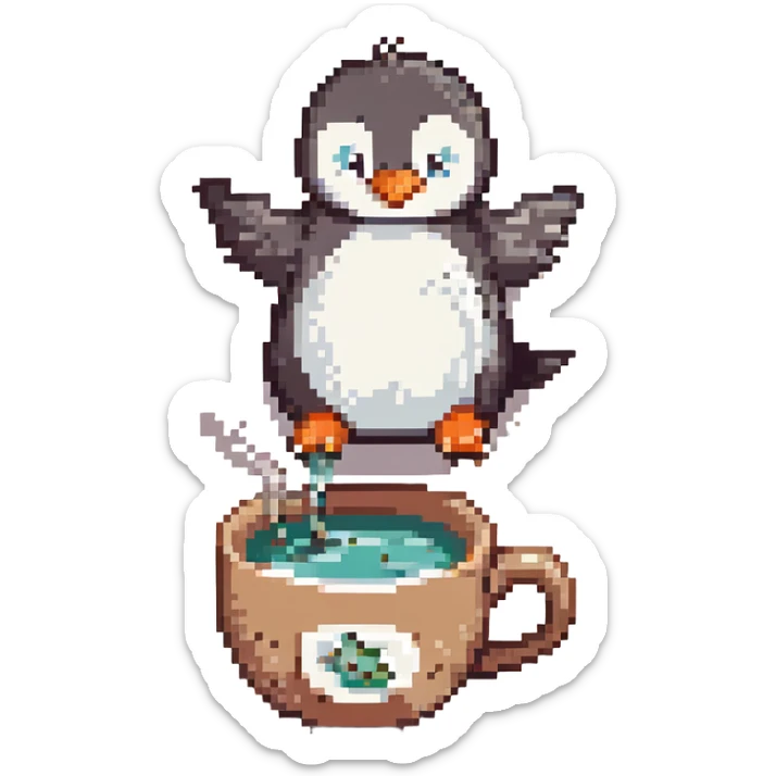 A cute penguin flying in a hot desert, next to a large steaming cup of tea, pixel art style sticker