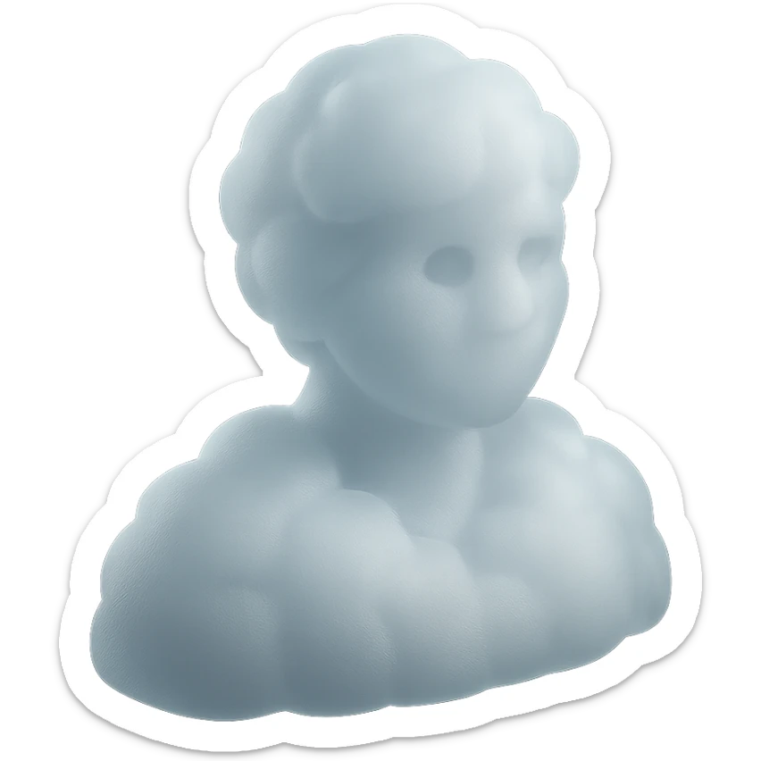 front view portrait of a person made of white fluffy clouds, shoulders up, matte glass style sticker