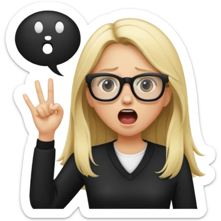 blonde girl with long hair, white glasses, black clothes, shouting bad words sticker