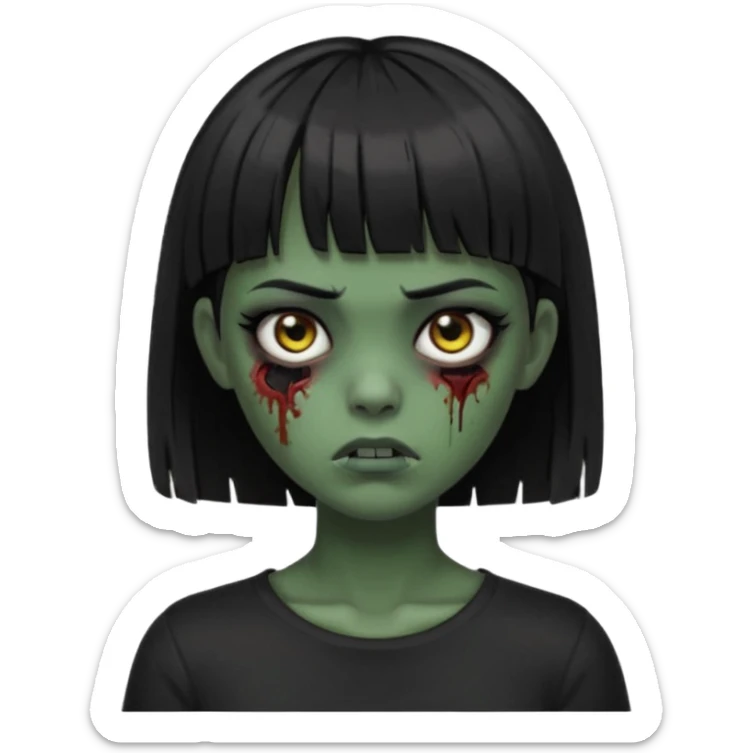 Zombie girl emoji verde escuro com cabelo curto liso preto no ombro e franja na altura da sobrancelha cobrindo completamente a testa, usando uma blusa preta, com a cor dos olhos sendo PRETOS  sticker