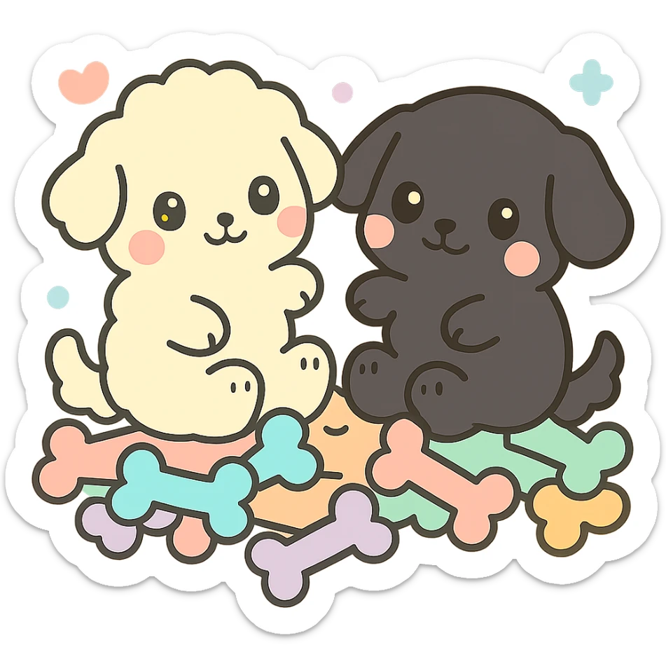 Darken the outlining on the small black dog to make it stand out more, keeping the kawaii chibi style. Leave the large dog and the pile of colorful bones unchanged. Transparent background. sticker