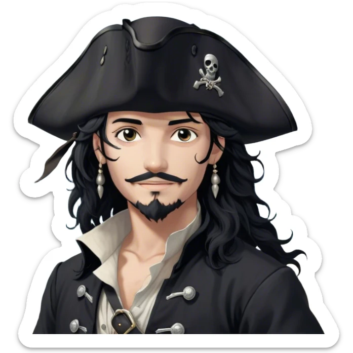 A charismatic pirate with wavy black hair that falls just past his shoulders, tousled slightly by the sea breeze. He wears a black tricorn hat with subtle silver embroidery along the edges, casting a shadow over his sharp, confident features. His piercing dark eyes glint with mischief as he gazes to the side, a knowing smile playing at his lips. His well-fitted black coat, adorned with polished silver buttons and intricate stitching, moves slightly with the wind, revealing glimpses of a deep-crimson waistcoat underneath. A silver chain dangles from his belt, catching the dim golden light of the setting sun. His posture is relaxed yet assured, exuding effortless charm as if he owns the sea itself. sticker