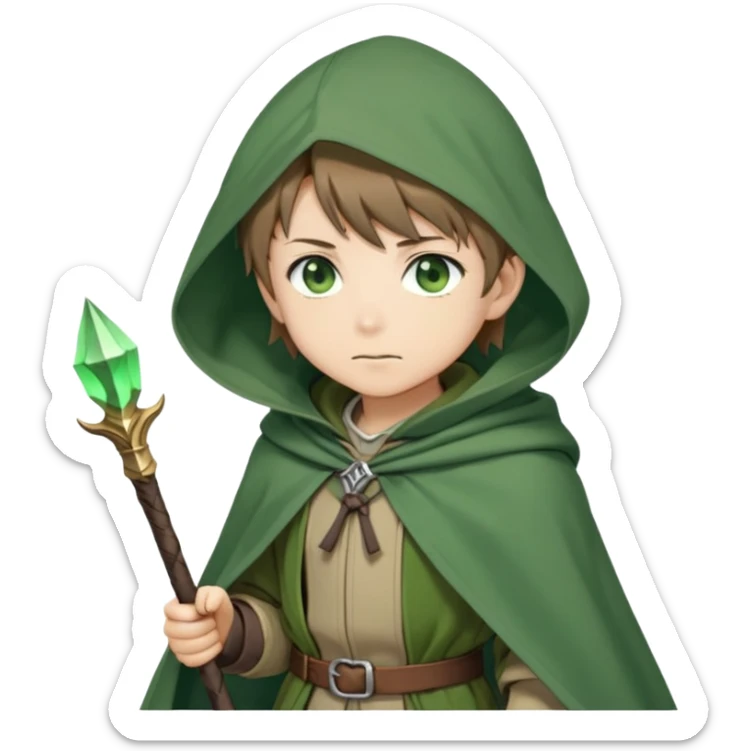 Rudeus Greyrat from Mushoku Tensei, green eyes, short light brown hair, wearing adventurer's outfit with a green cloak, holding a staff, confident and curious expression sticker
