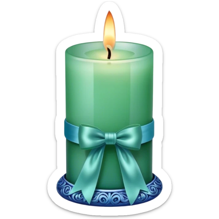 A soft blue candle in an ornate green glass holder, tied with a delicate satin blue bow. sticker