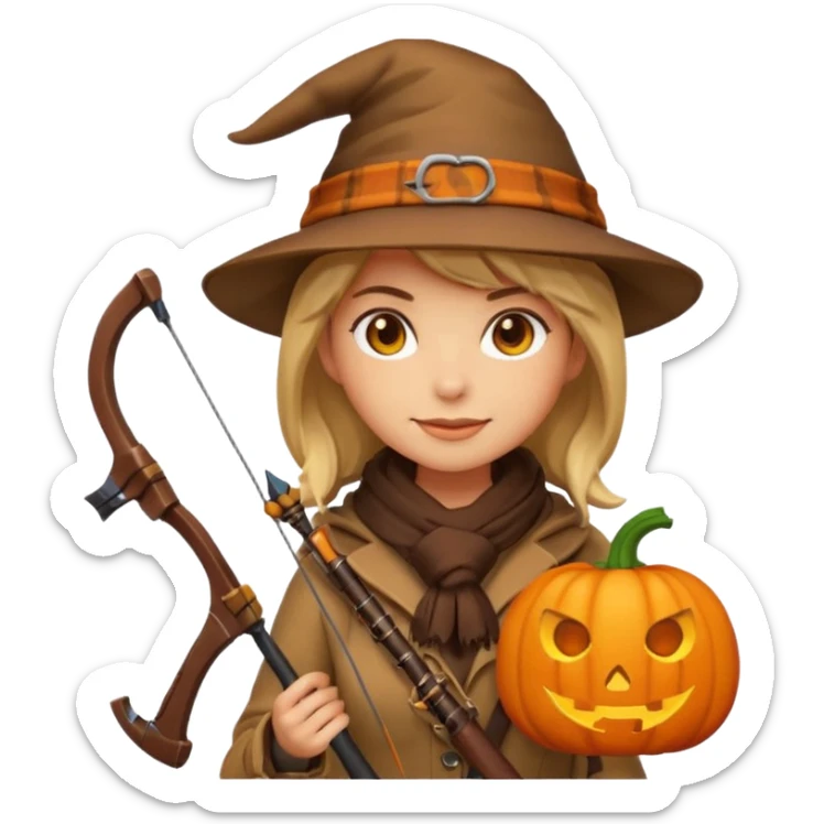 female human monster hunter emoji, wearing brown coat and hat, holding crossbow, soft smile, scarf, glowing pumpkin by her side, Halloween fantasy style, clean vector Apple emoji look, bright colors, white background, square sticker