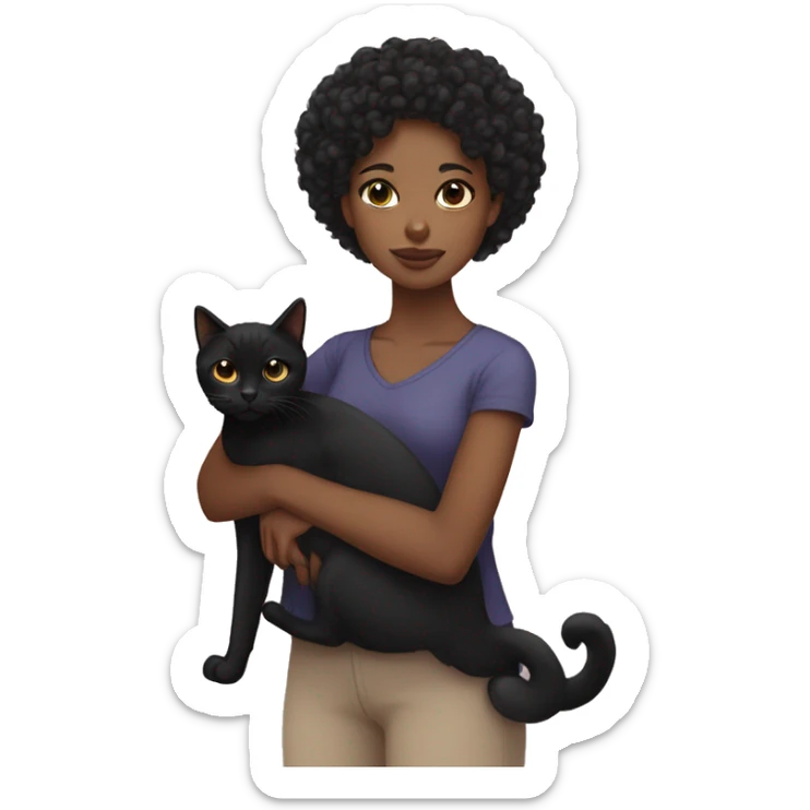 A black girl with thin eyes and with short black curly hair holding a black cat in her arms  sticker