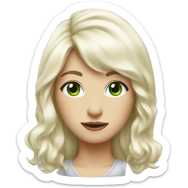 woman, a bit wave hair with bang, hair below shoulders, green eyes, white skin, hipster look, sticker