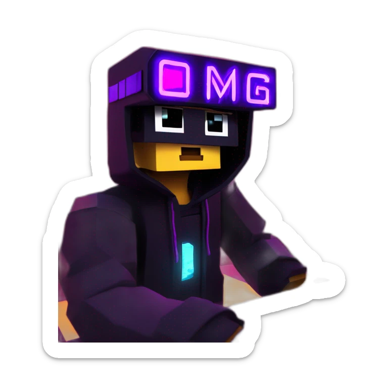 Minecraft hero wearing a black hoodie with "OMG" letters on it and VR headset in a cyberpunk VR environment with violet neon lighting. sticker