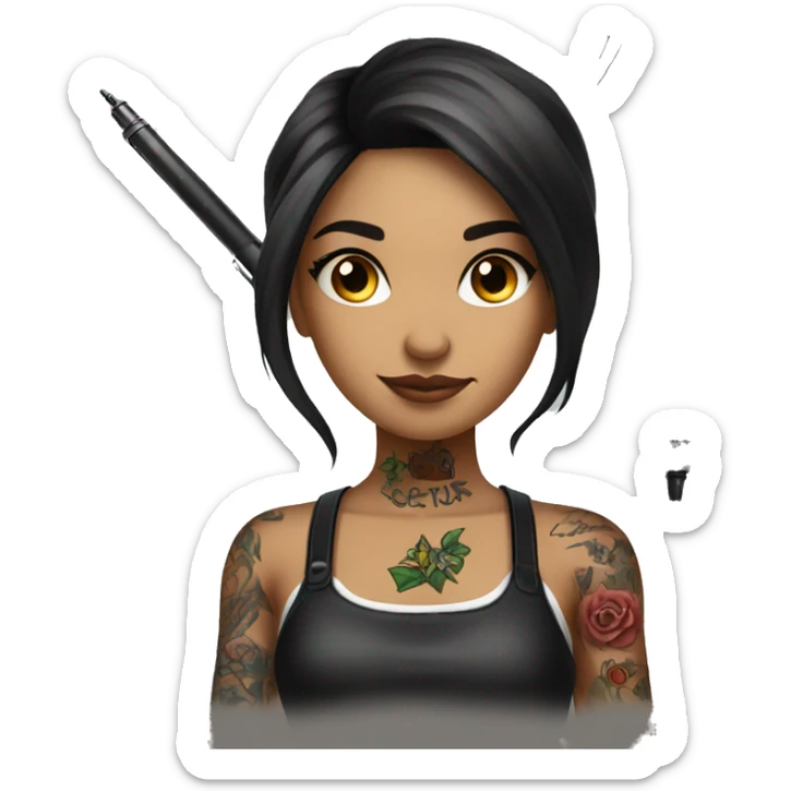 Tattoo artist with tattoo gun. The artist is Hispanic girl  sticker