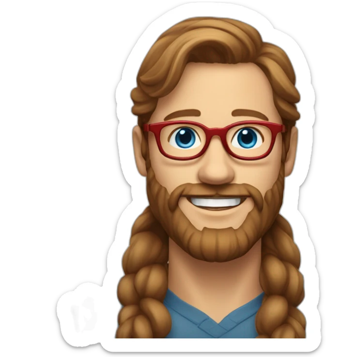 a Scandinavian man with blue eyes long brown hair a beard red glasses and a big smile sticker
