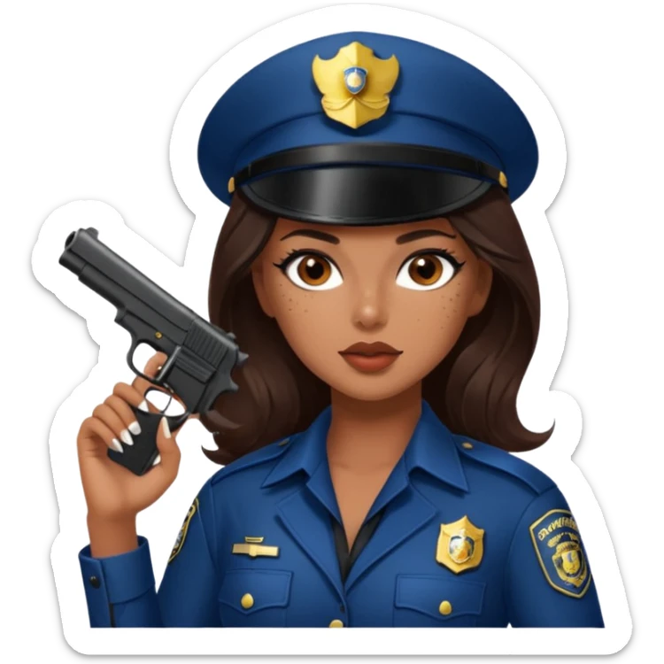A sexy girl. with caramel skin. Dark brown hair and brown eyes. She has freckles. Wearing sexy makeup. Dressed as a sexy cop. wearing lingerie. Wearing heels on her feet. Holding a gun sticker