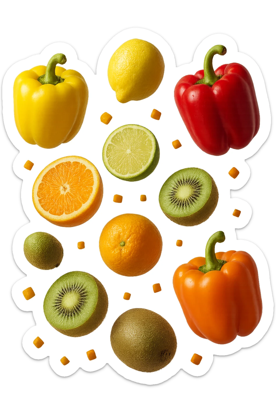 agrumi, kiwi, peperoni fluttuano in aria insieme a piccoli pezzi di colon in 3d, iperrealistici 4k sticker