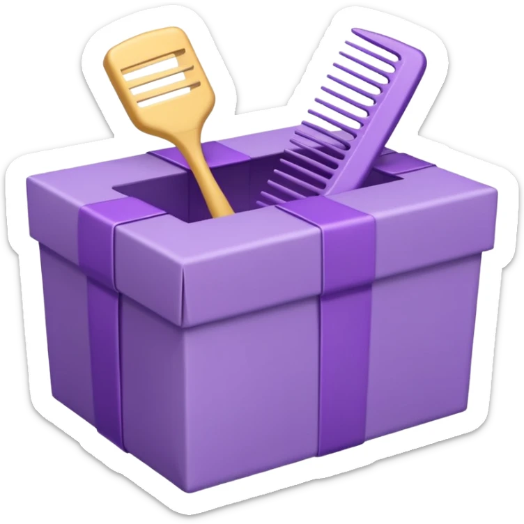 A cute emoji-style illustration of a purple gift box opened, with a comb inside the box. Soft pastel purple tones, simple shapes, rounded edges, clean lines, kawaii style, minimal details, bright and friendly expression, centered composition, transparent background, sticker emoji design sticker