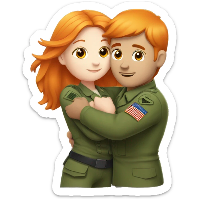 a orange hair girl hugs, white man in a green military uniform sticker