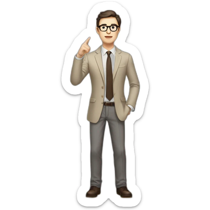 Full height Gesticulating Pale skinned fit man with dark brown hair in gray jacket, beige office shirt, brown tie, brown pants and vintage glasses. sticker
