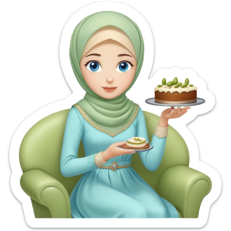 Turkish beautiful finish Konya girl blue eyes with pastel hijab long tail dress and sits on the chair and holds pistachios cake with her hand  sticker