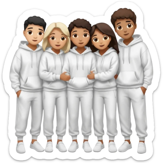 four mixed race friends all wearing white oversized hoodies, white sweatpants, and white slides huddled together hugging sticker