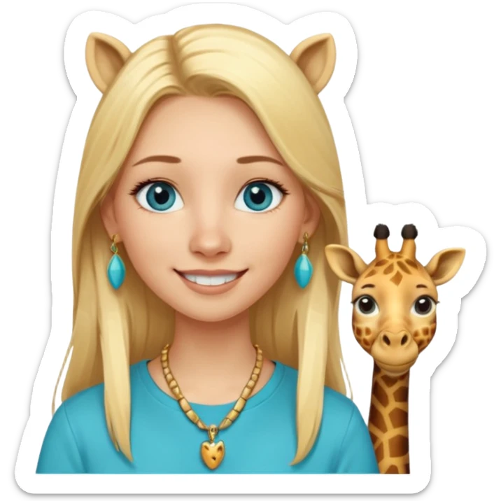Swedish girl blonde long straigt hair blue eyes turqoise shirt gold earings, girrafe necklace gold small, long lashes smiling closed mouth sticker