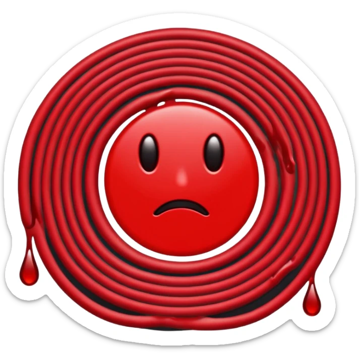 Minimalist emoji-style sticker of a coiled red carpet with drops of blood on the floor around it. Flat design, black and desaturated red tones, no perspective, bold lines. sticker