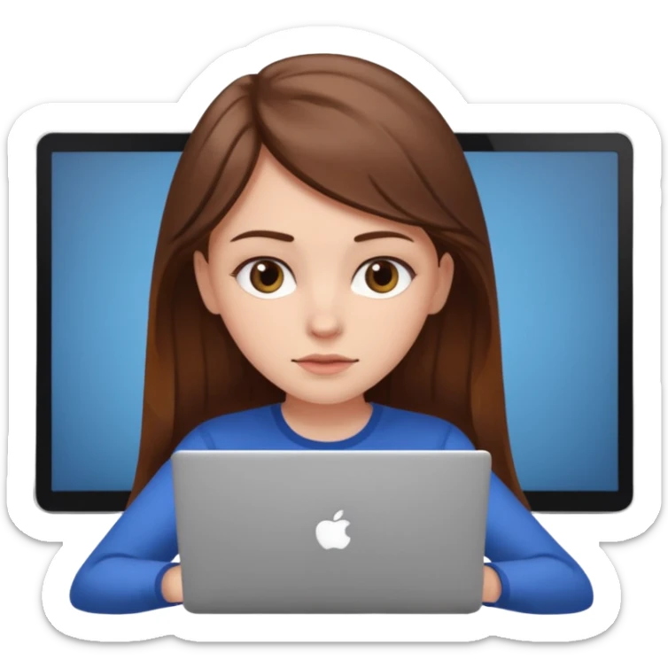 Make an emoji of a white girl with brown hair behind a laptop screen with her mouth not showing sticker
