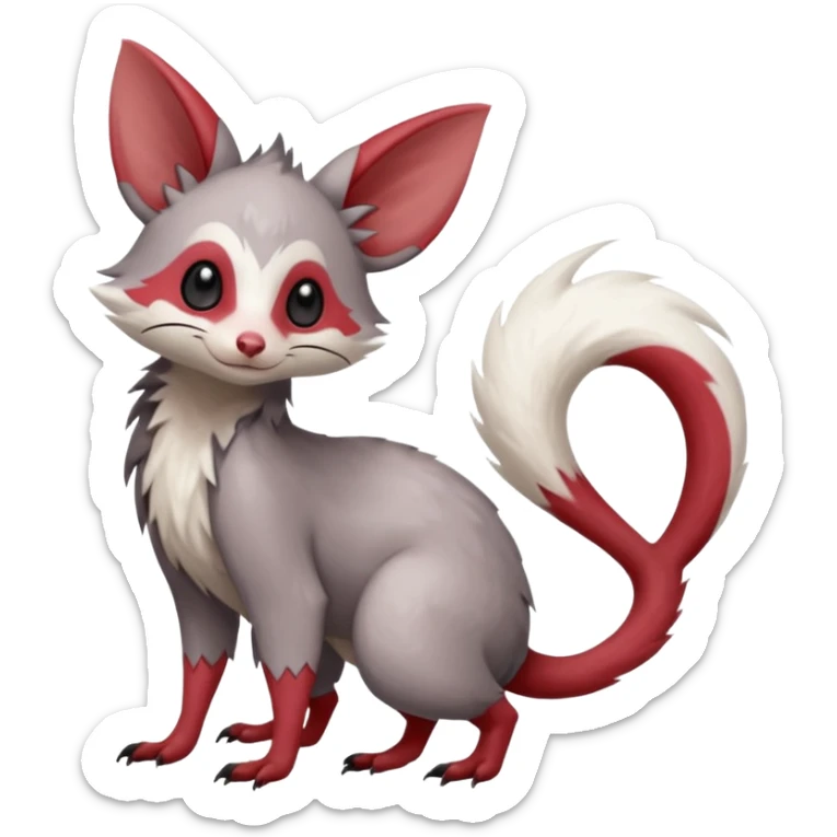 Minccino-Opossum-Lykoi-Zangoose-fusion-hybrid-animal-Fakémon-creature, full body, thin long sleek scaly tail, intricate markings sticker