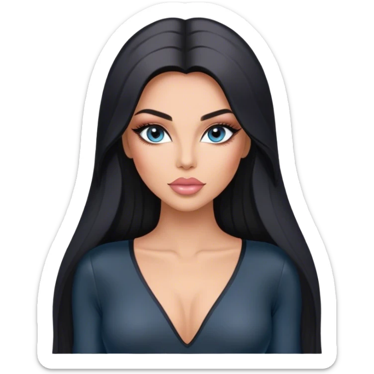 Glamours, tanned, very beautiful girl, with big pump peach-beige-rose lips, long long lashes, black straight smooth silky long hair, straight parting hair, blue-grey eyes in black long-sleeves v-neck bodysuit sticker