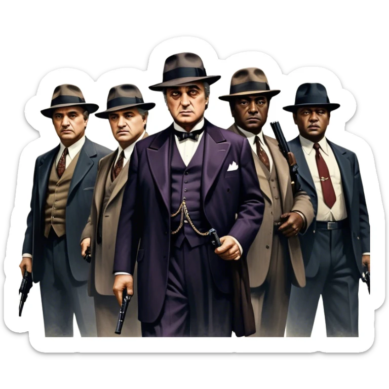 A vintage movie poster-style design featuring Don Vito Corleone surrounded by gangsters with Tommy guns. Include a dark, moody noir atmosphere with skyscrapers of New York in the background. The scene should be tense and mysterious, with a retro cinematic feel. Transparent background. sticker