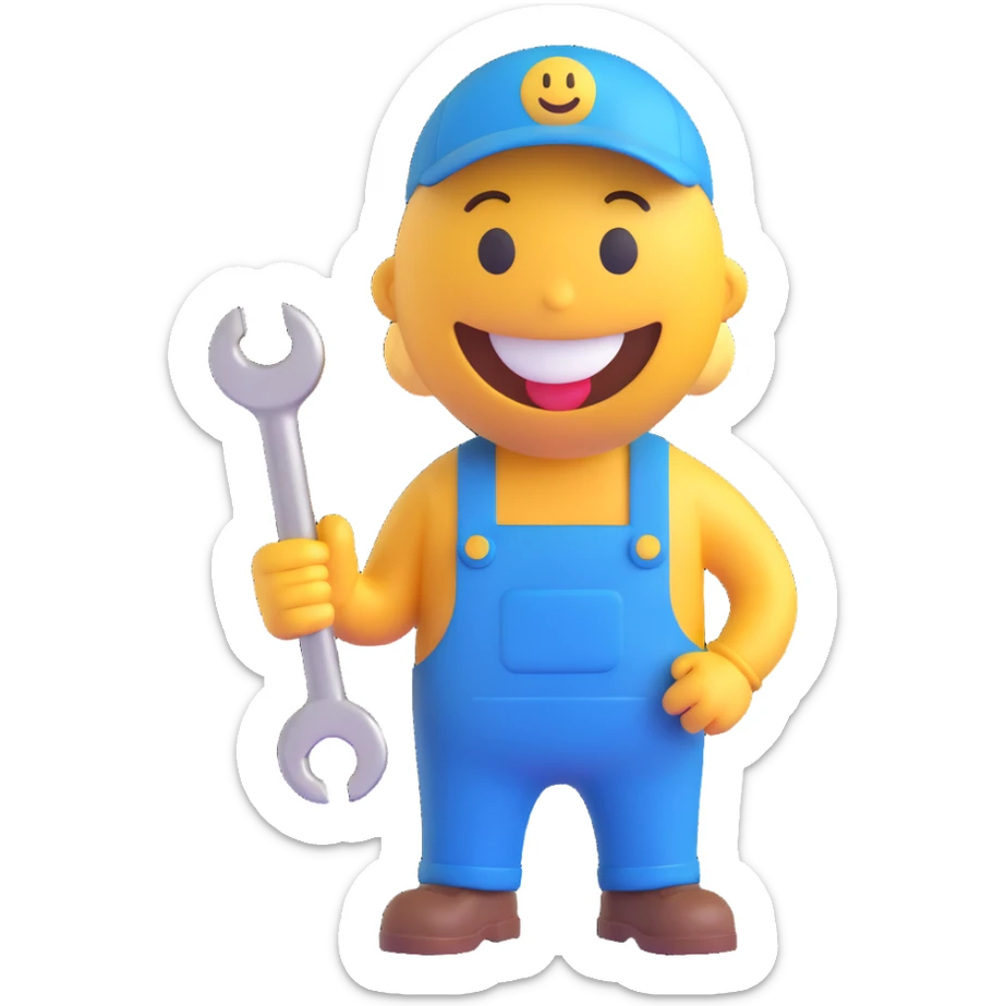 3D smiley emoji, round shape, car mechanic wearing blue overalls, holding wrench, smiling face sticker