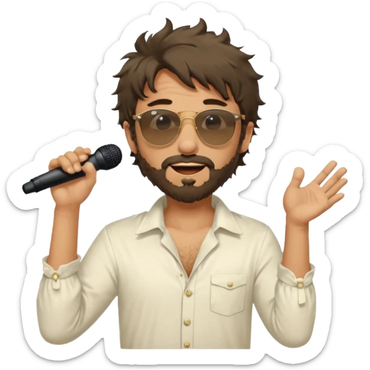 photo ultra realistic - messy, shaggy with big sideburns Jim Morrison in an ivory Victorian shirt, singing in a trance on stage, wearing Ray Ban sunglasses sticker