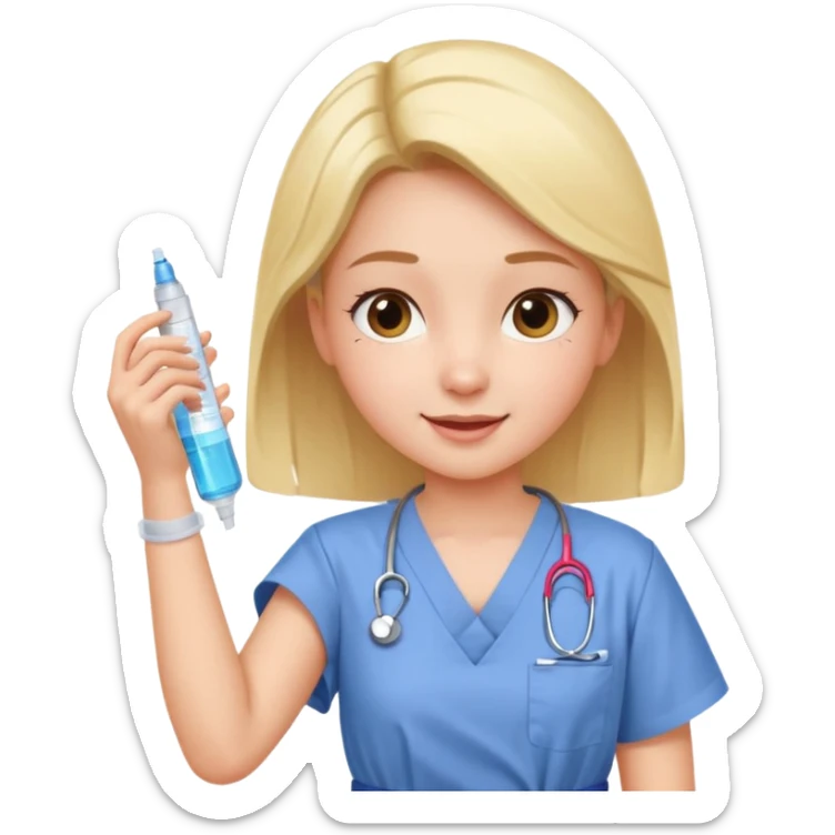 girl receiving a vaccine shot in her upper arm, medical setting, cheerful expression sticker