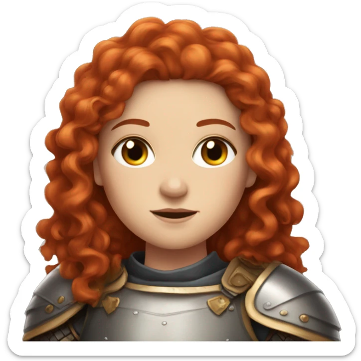 a white girl with long red curly hair and freckles, wearing armor sticker