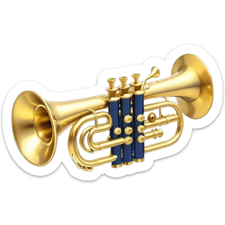 “Flat vector icon of a golden trumpet in side view with mouthpiece, bell, and three simple valves, thick dark outline, minimal details, centered on a deep navy blue rounded-square (or circle) background. Transparent outside the background, PNG.” sticker