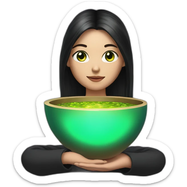 sound bowl healer woman with long dark hair and green eyes sticker