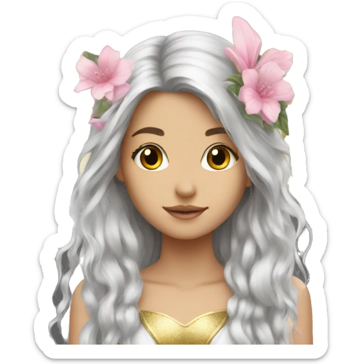 Beautiful, flower, fairy, pink, silver, gold, long hair, wings sticker