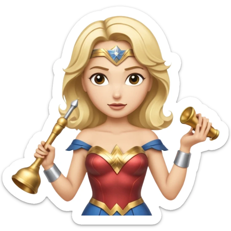 Blonde Wonder Woman holding short white orchestra conductor’s baton and bell sticker