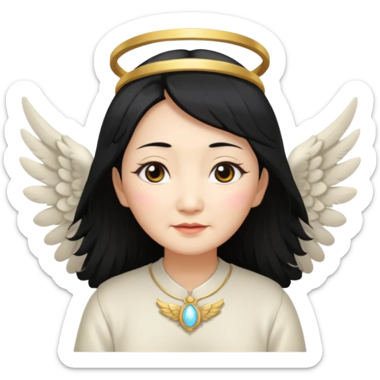 Angel Old Lady with wings black hair asian  smaller eyes w halo sticker