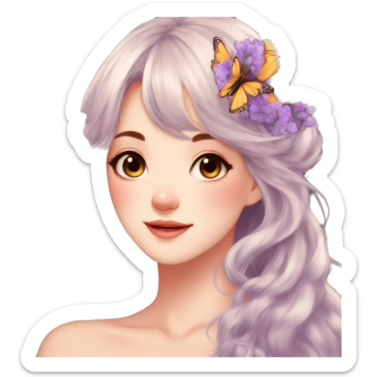 gorgeous anime lady with butterflies and beautiful hair fairycore cottagecore sticker