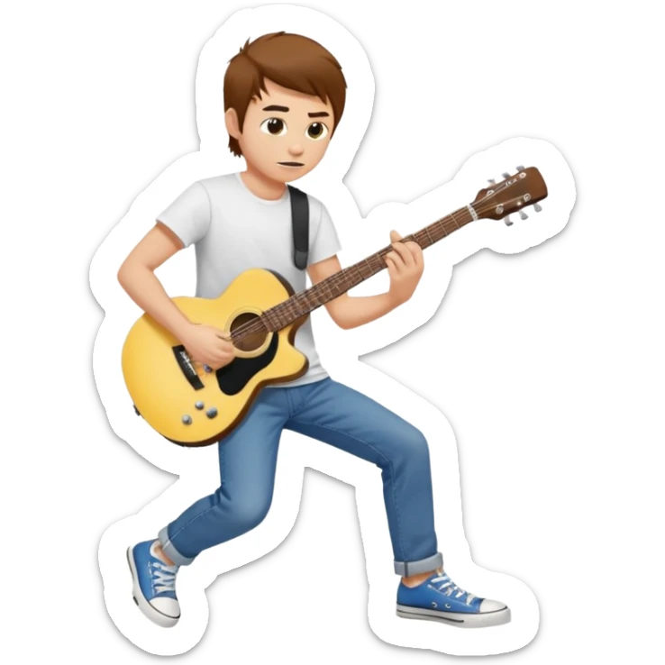 yellow skin Guy with brown hair, white tee, blue jeans and black converse playing a guitar sticker