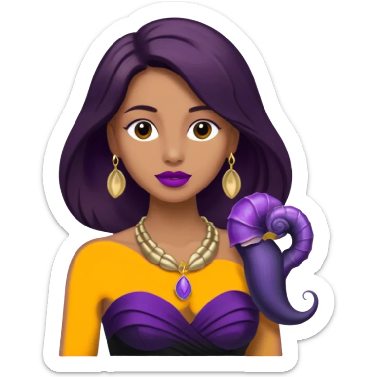 This person headshot view, wearing a strapless black dress, having long brown hair, dark pinkish purple lips, and wearing a small nautilis gold shell necklace around her neck sticker