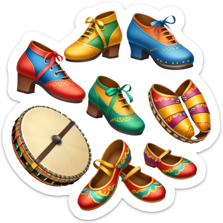 Icon for Folk Dance: close-up traditional dance shoes, colorful folk costumes, and a dance circle with ribbons and musical instruments like a tambourine or accordion. The icon should represent the vibrant and cultural aspects of folk dancing. Transparent background. sticker