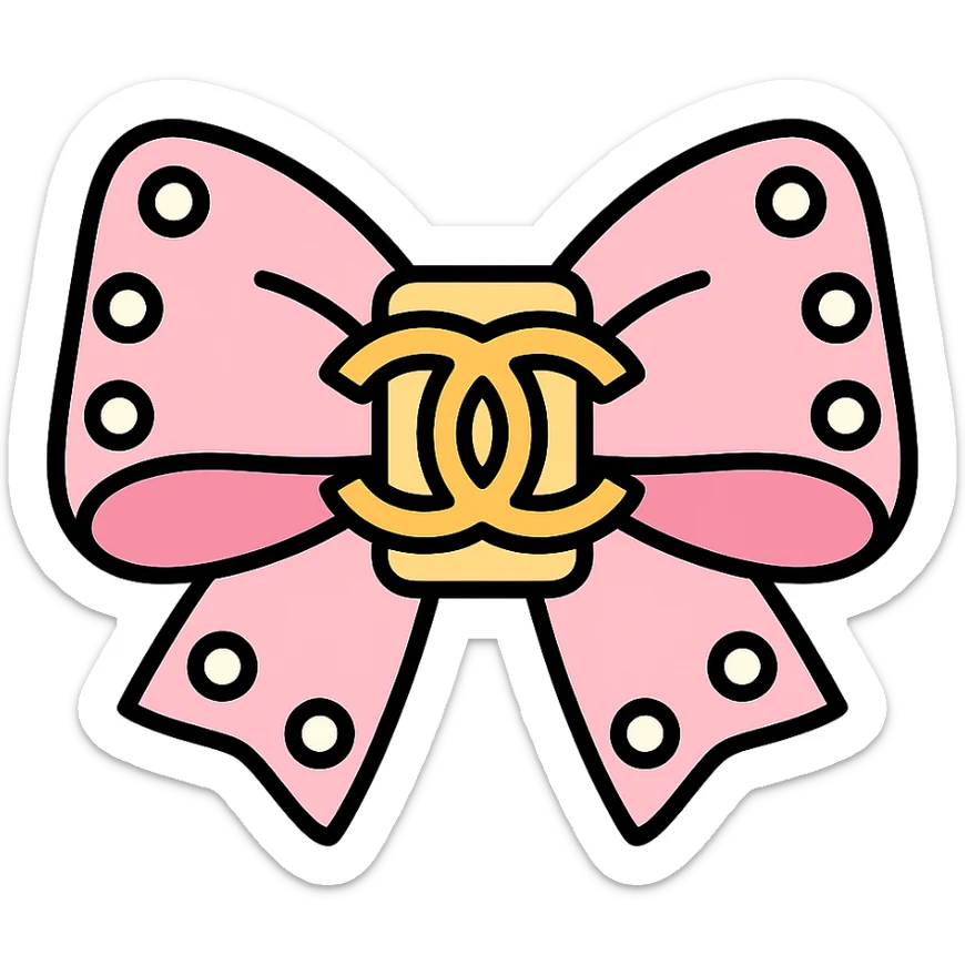 elegant bow with pearls and gold Chanel logo, glossy, pastel colors sticker