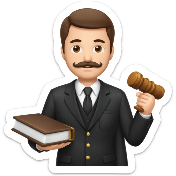 “Create a clean, modern emoji-style illustration of a male lawyer. He is wearing a formal suit jacket. He is holding a judge’s gavel in one hand and has a law book tucked under his arm. He has a mustache and beard! sticker
