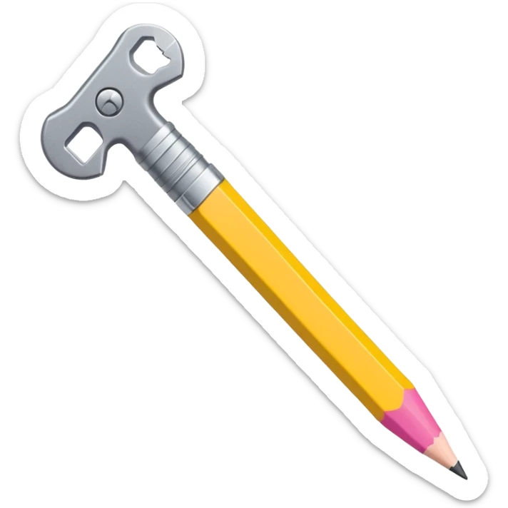 A flat-style illustration of a pencil crossed with a wrench, forming an "X" shape. The pencil is yellow with a pink eraser, and the wrench is metallic gray. Clean, simple, modern design, cartoon style, white background, iOS emoji aesthetic. sticker