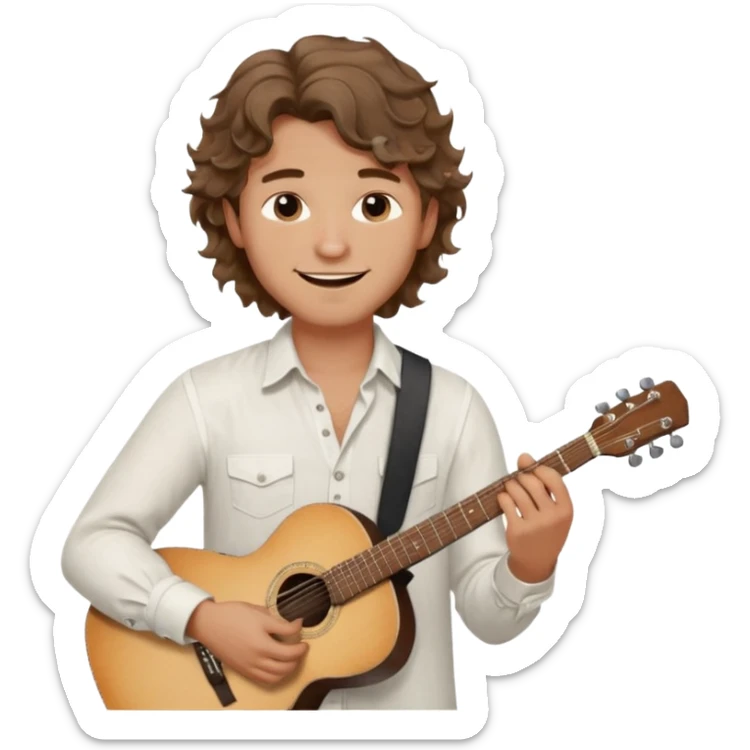 male memoji, man with wavy hair, white linen shirt, holding a guitar, dreamy smile, artistic lover vibe sticker