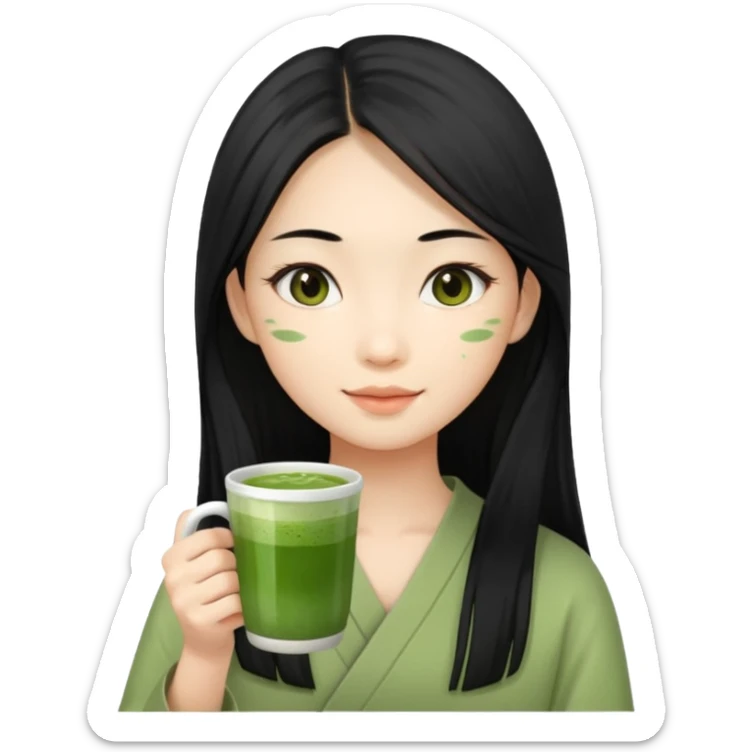 make an asian girl with long hair that loves matcha (in a cup not glasses) sticker