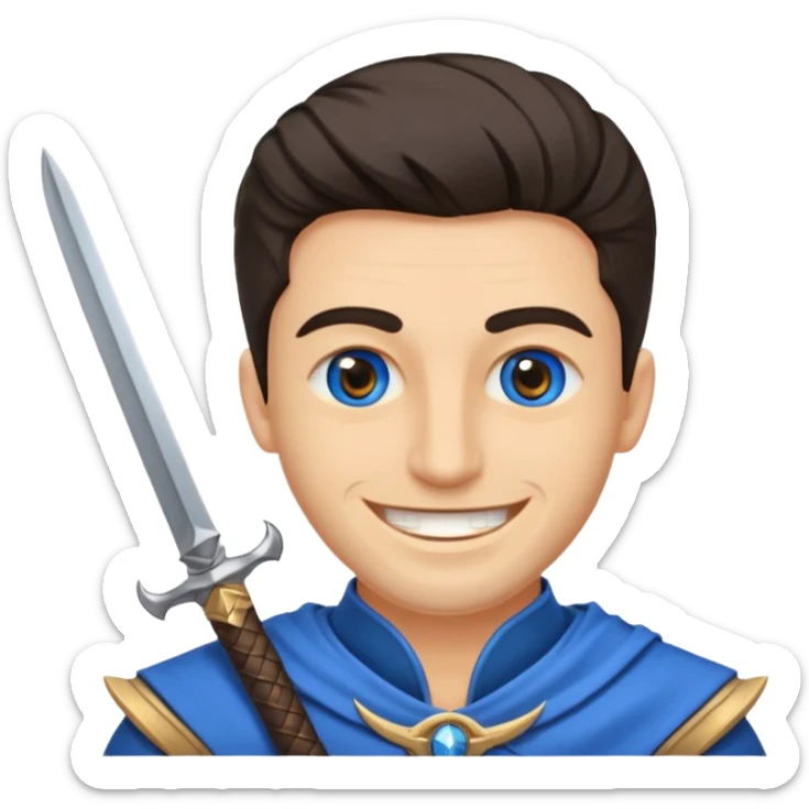 Haz que tenga una sonrisa epica una cicatriz en el ojo serrado y una espada entre los dientes y dos más a cada lado. sticker