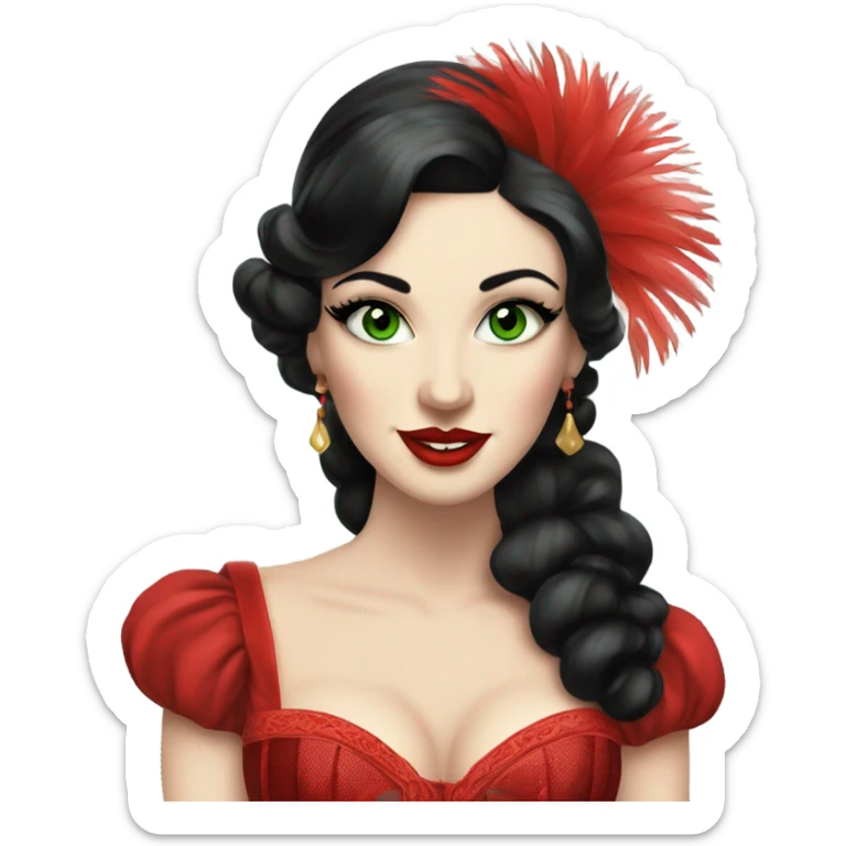 Burlesque dancer with black hair, pale skin, and green eyes in a red vintage costume holding red feather fans sticker